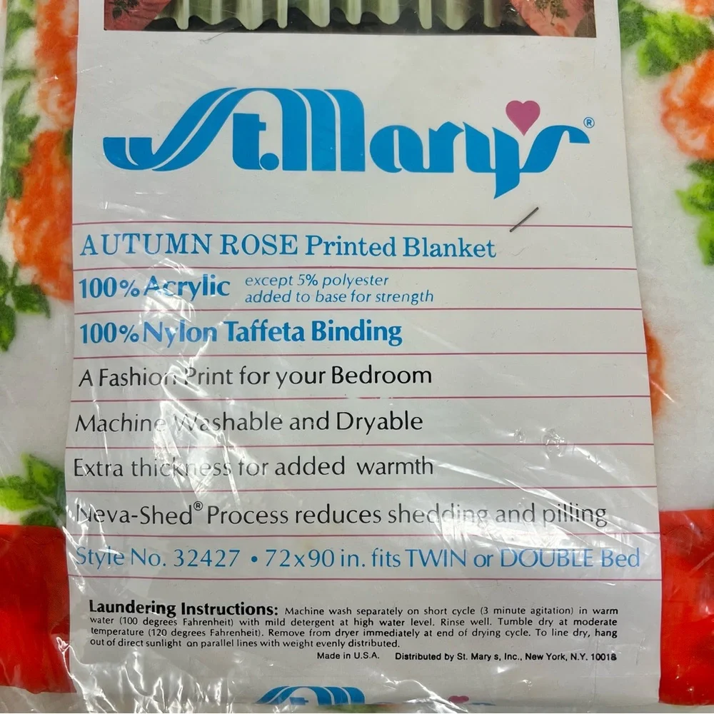 St. Mary’s Vintage Autumn Rose Printed Blanket Twin Full 72x90 USA Satin Edge